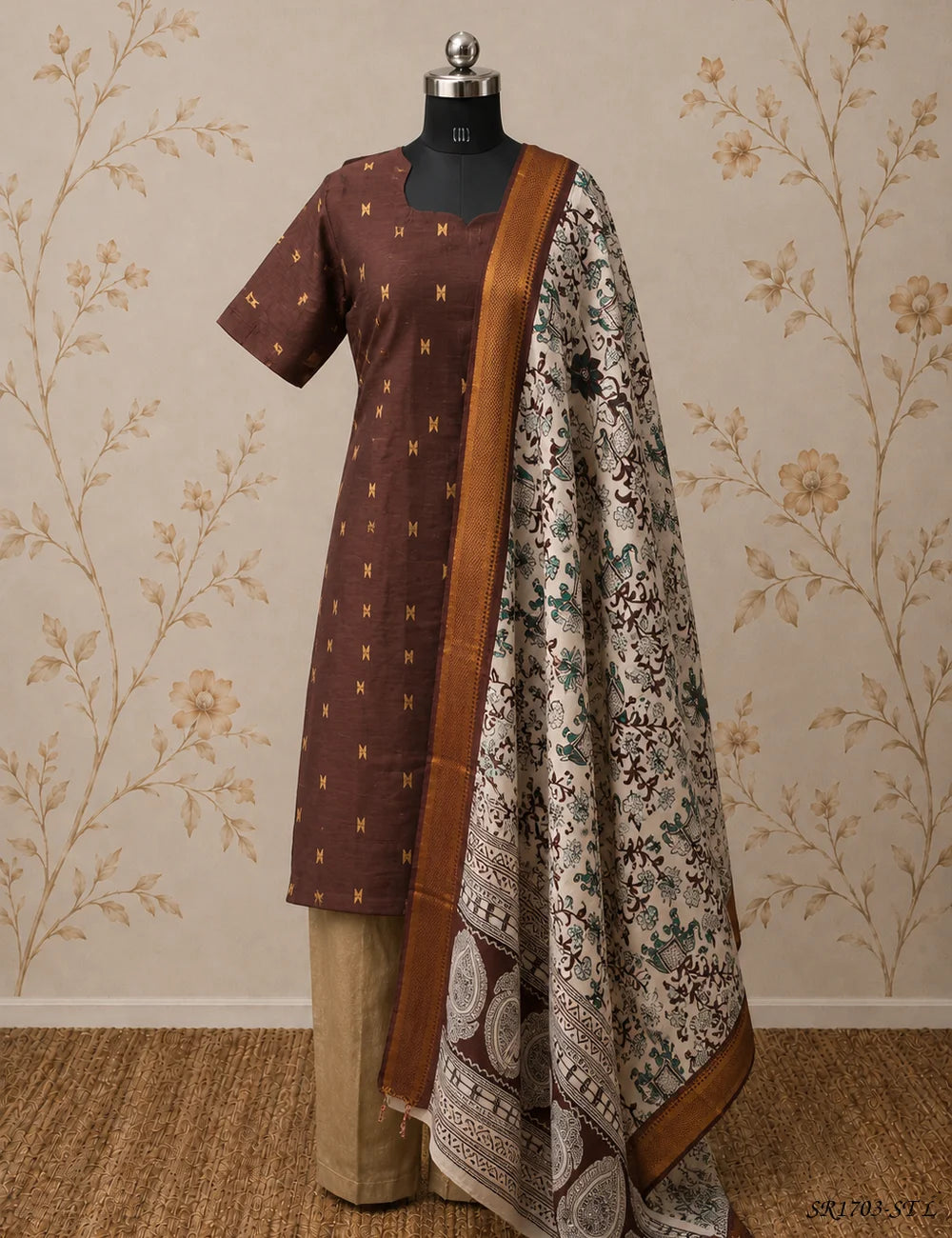 Coffee brown raw silk and Kalamkari stitched suit