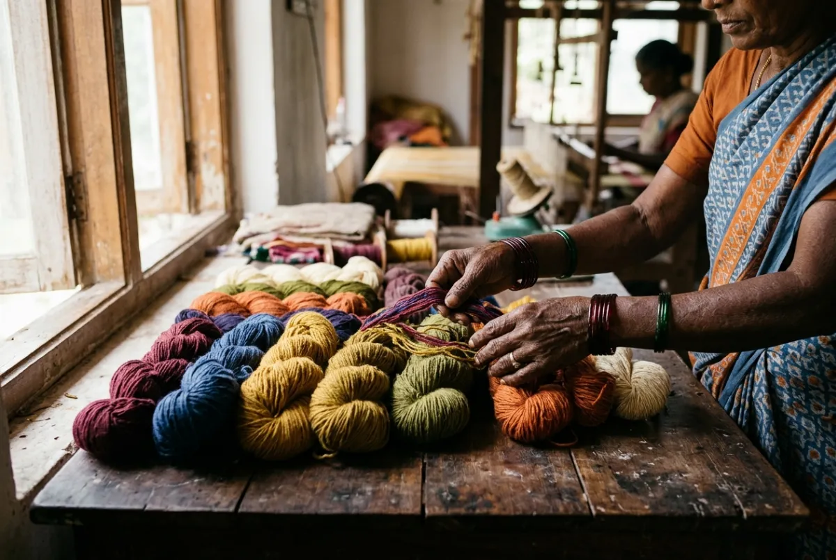 Hands sorting skeins of cotton and silk yarn in many colours for handloom weaving