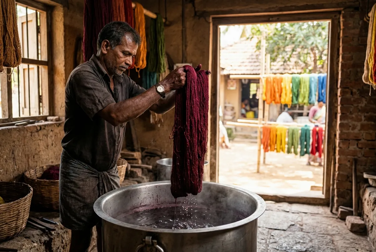 A dyer lifting freshly dyed maroon yarn from a dyeing vat, coloured yarn drying in the sun