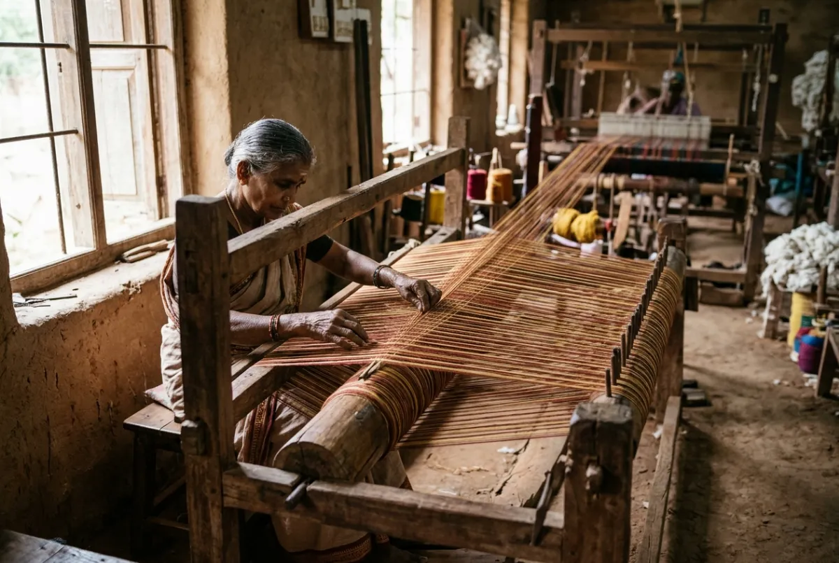 Fine threads stretched over a warping frame and guided by a weaver's hands