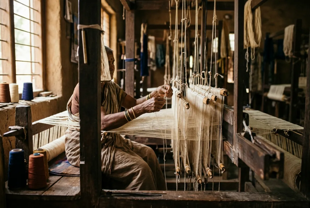 A weaver tying warp threads through the heddles of a traditional wooden handloom
