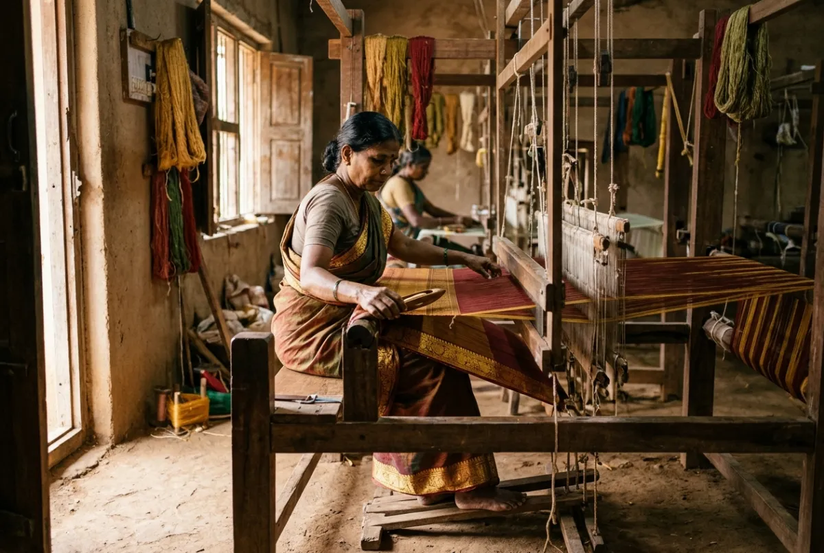 A handloom weaver passing the shuttle while a saree with a zari border grows on the loom