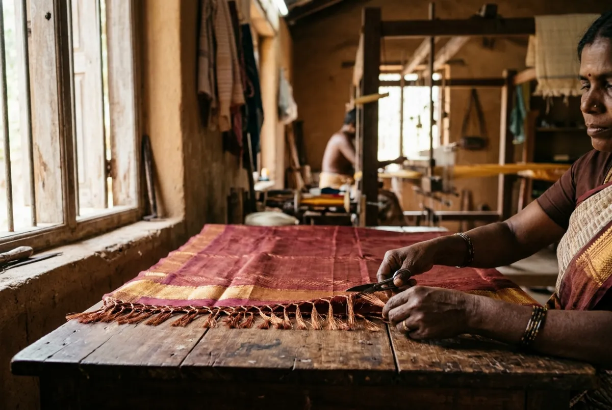 Hands trimming and tidying the fringe of a freshly woven saree