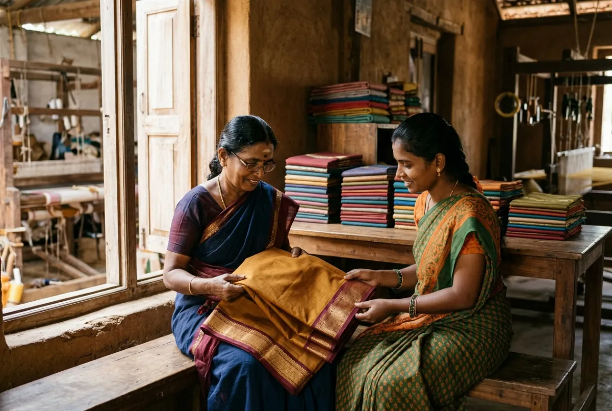 Women inspecting a folded saree by hand before packing